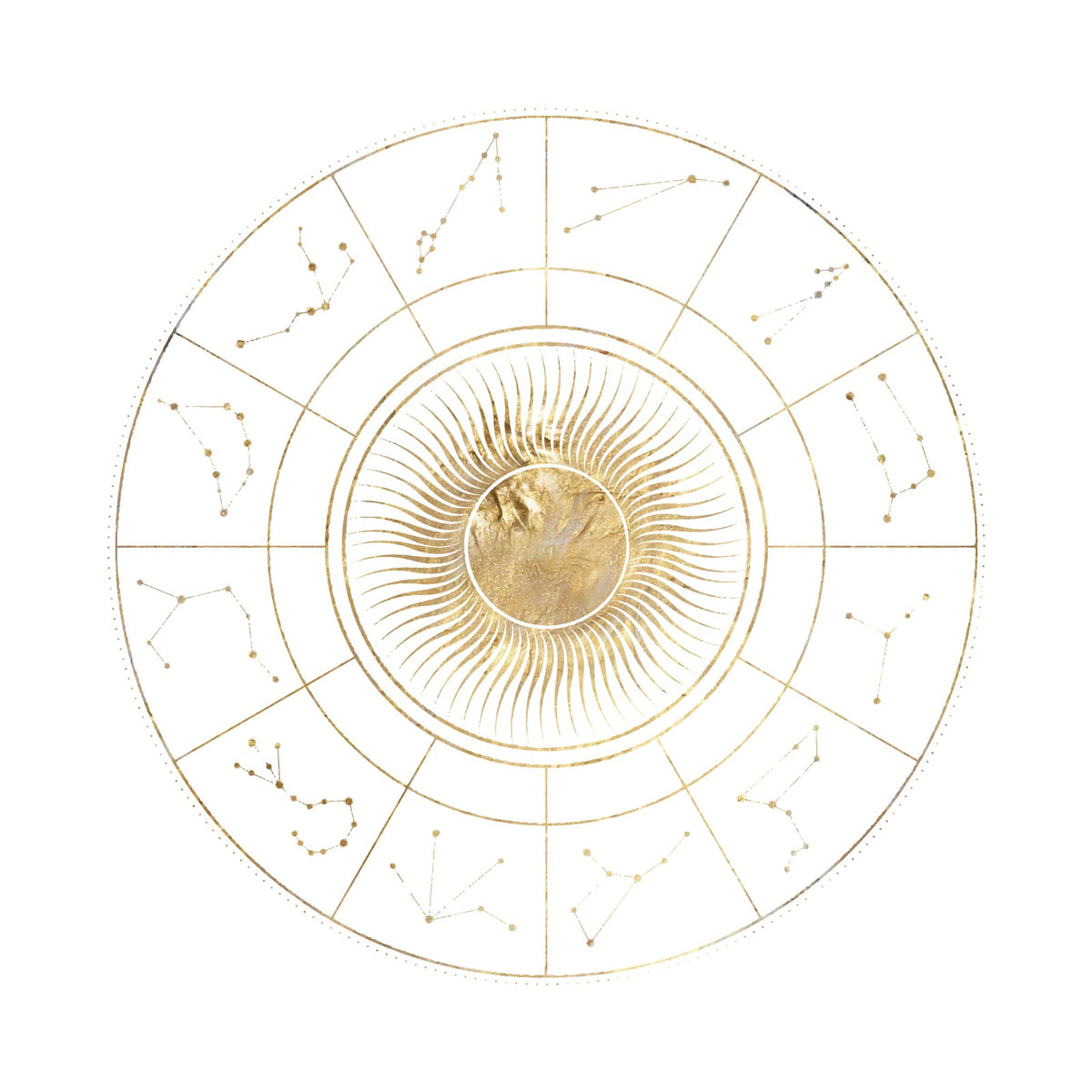 Gold zodiac wheel with the twelve sign constellations around a radiant sun