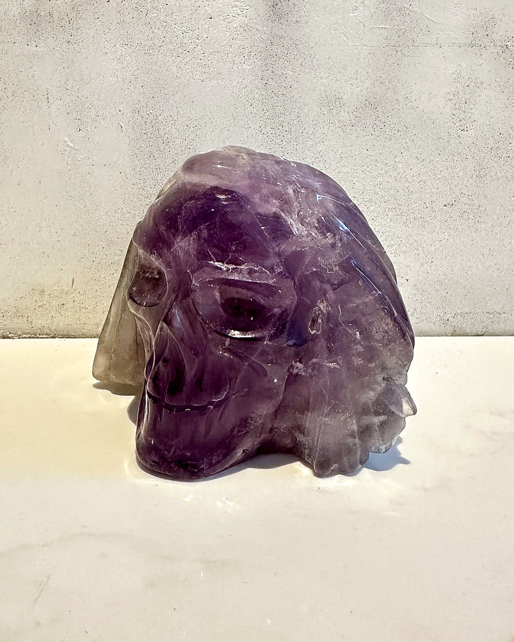 Hand-carved amethyst skull from the front, Rising Star Crystals Private Collection