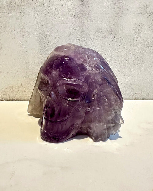 Hand-carved amethyst skull from the front, Rising Star Crystals Private Collection