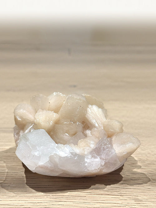 Peach stilbite crystals in a rim of clear apophyllite