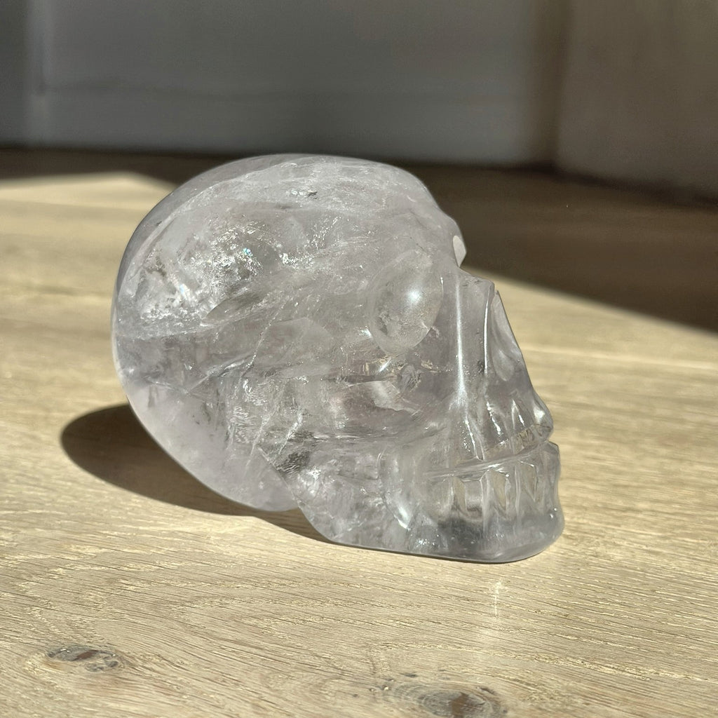 Hand-carved skull of clear quartz, second view