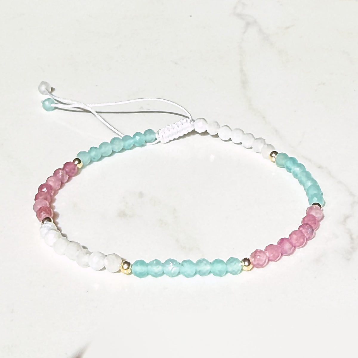 Harmony adjustable bracelet in amazonite, moonstone and pink tourmaline