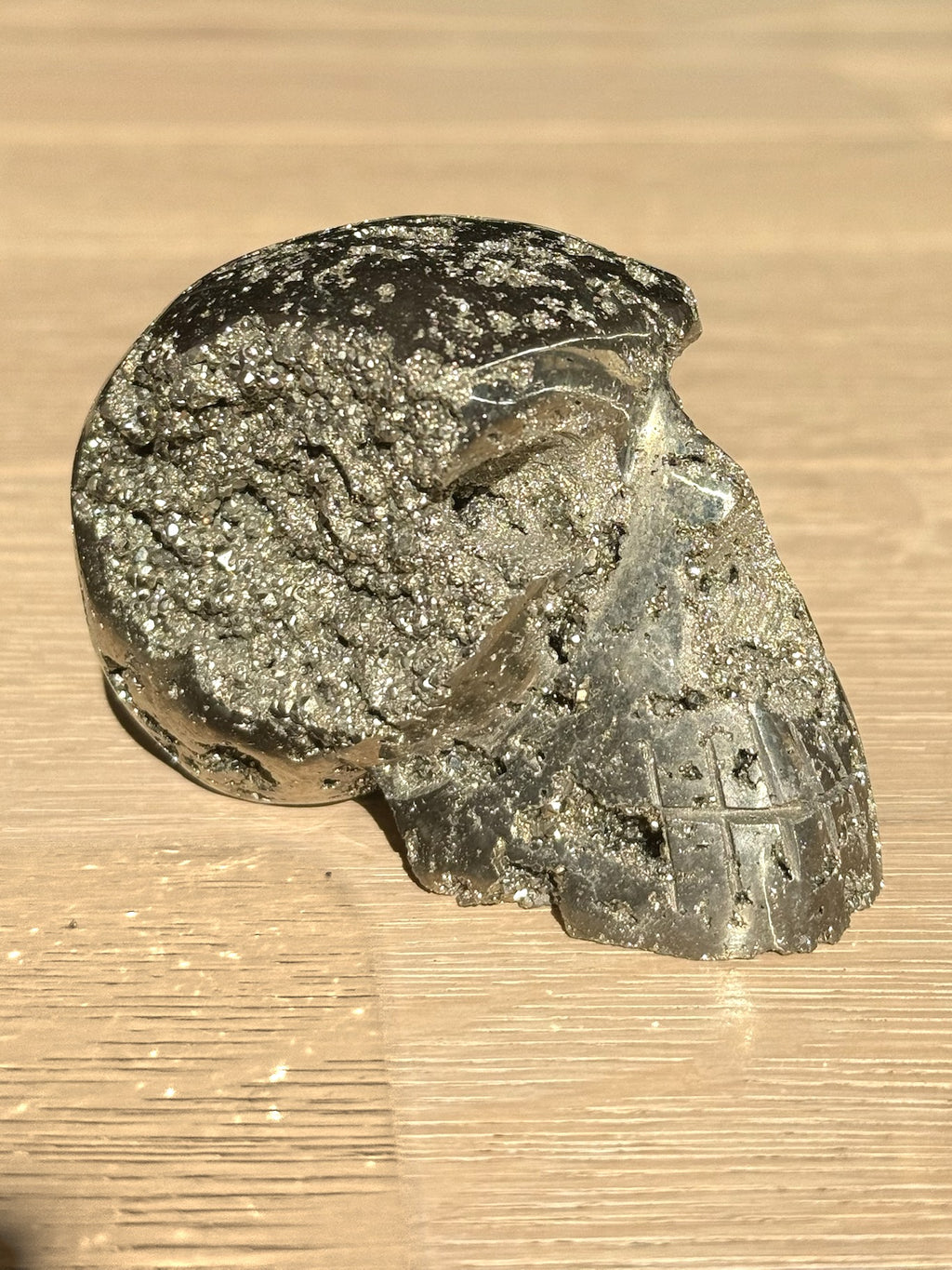 Pyrite skull No. 2 with sparkling druzy, side view
