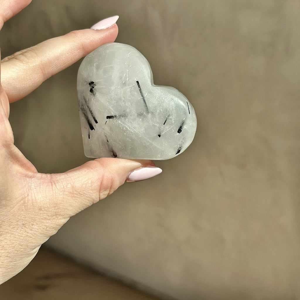 Hand-carved heart of tourmalinated quartz, second view